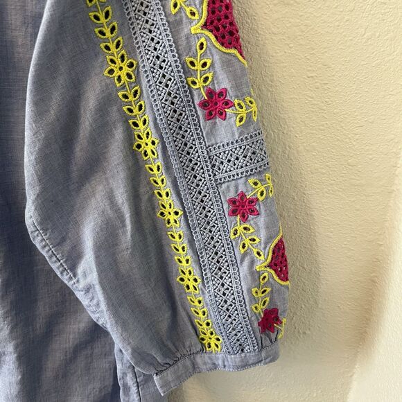 Talbots Top Blouse Womens Petite Med Embroidered Sleeves Blue Peasant Boho - Picture 4 of 11